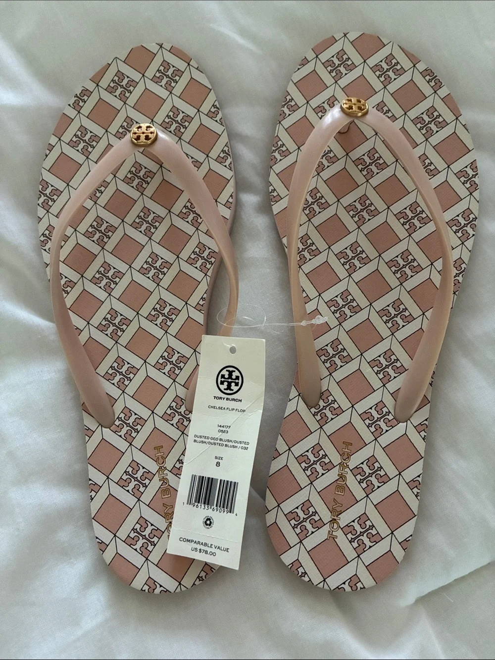 Tory Burch Blush Pink Logo Pattern Flip Flops